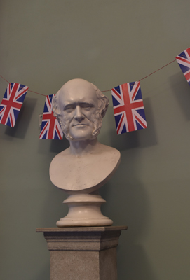 The Lyell Room was decked out in patriotic bunting and wartime music was played